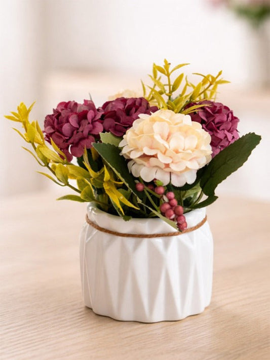 Artificial Flower Pot with White Ceramic Planter – Decorative Tabletop Home Décor