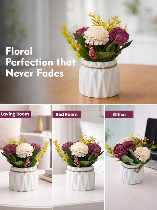 Artificial Flower Pot with White Ceramic Planter – Decorative Tabletop Home Décor